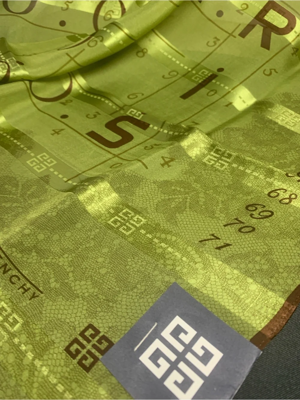 Givenchy Lime Green and Brown Logo Silk Scarf